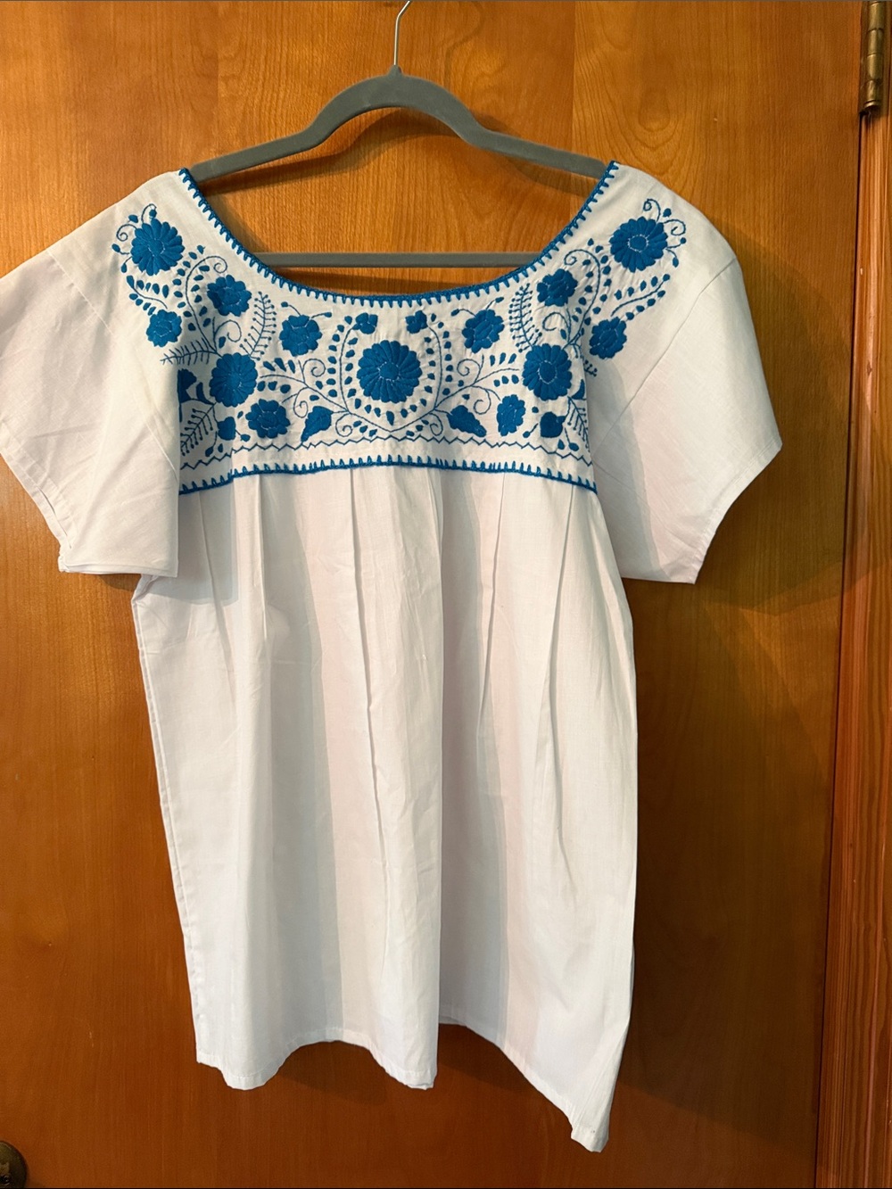 White Tunic Top with Blue Floral Embroidery